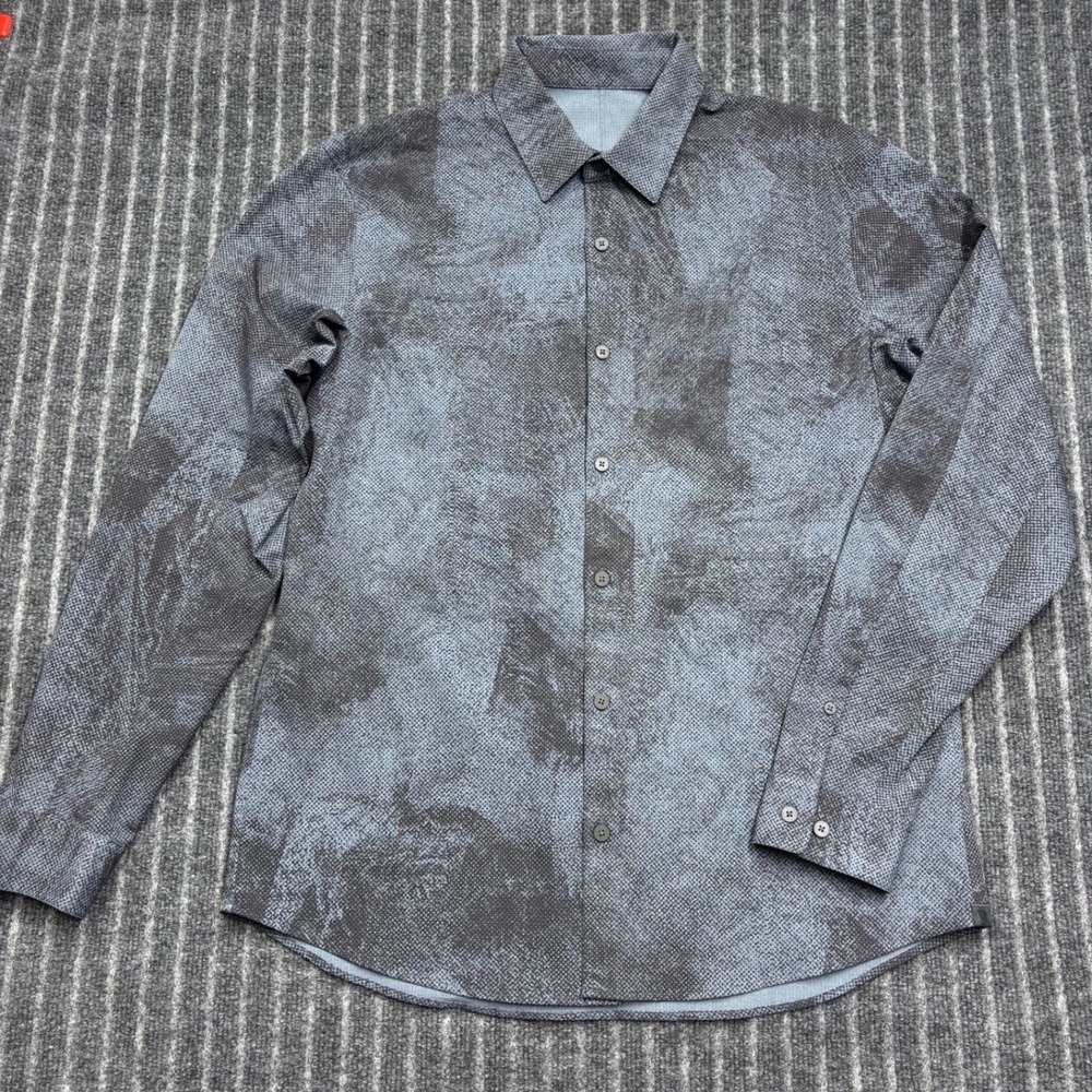 Lululemon Button Down Shirt Mens Grey Black Excellent Abstract Ripstop (2201)